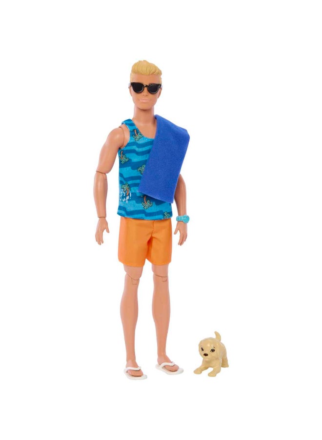Barbie Ken Doll with Surfboard and Pet Puppy, Poseable Blonde Barbie  Ken  Beach Doll with Themed Accessories like Towel - Image 3